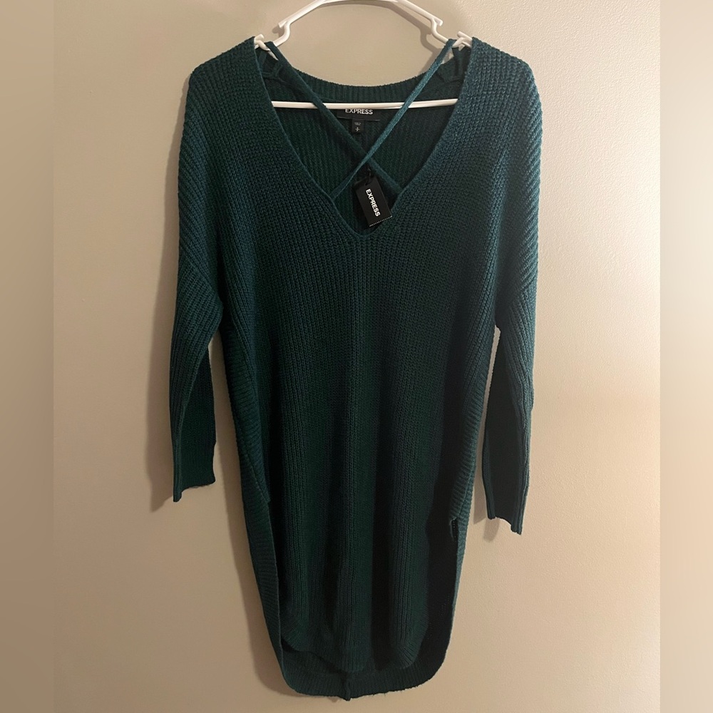 Express Hunter Green V-Neck Cross front sweater dress size small